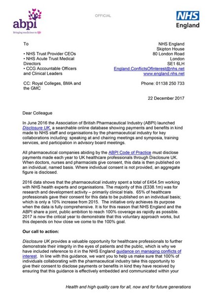 NHSE/ABPI joint letter on disclosure