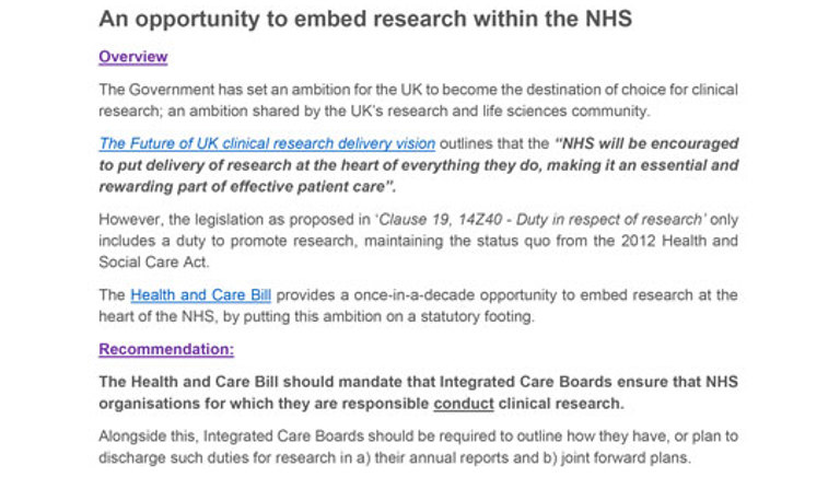 Briefing paper: Embedding Research in the NHS – Cross sector Health and Care Bill briefing